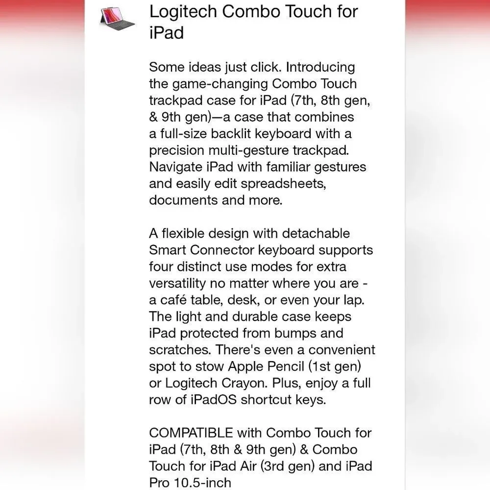 Logitech Combo Touch Detachable Keyboard Case w/Trackpad & Smaet Connector Techn